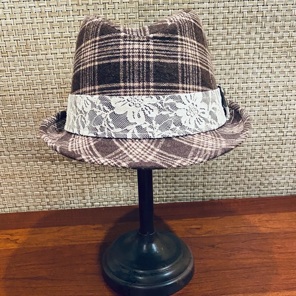 ?2xHP?NWOT Brown Plaid Wool & Lace Fedora Hat main image 4